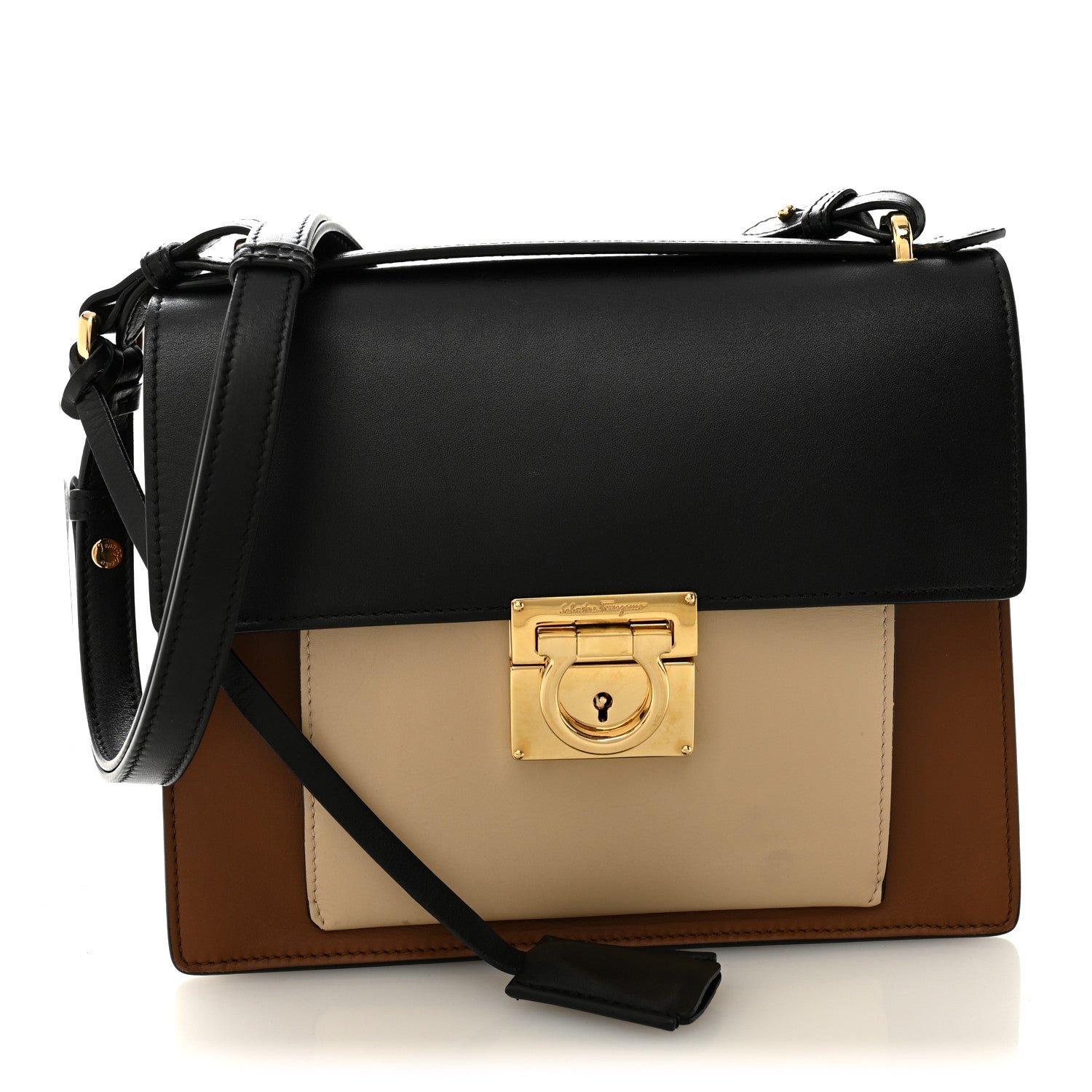 Salvatore Ferragamo Calfskin Gancio Lock Marisol Top Handle Satchel Ecorce Black