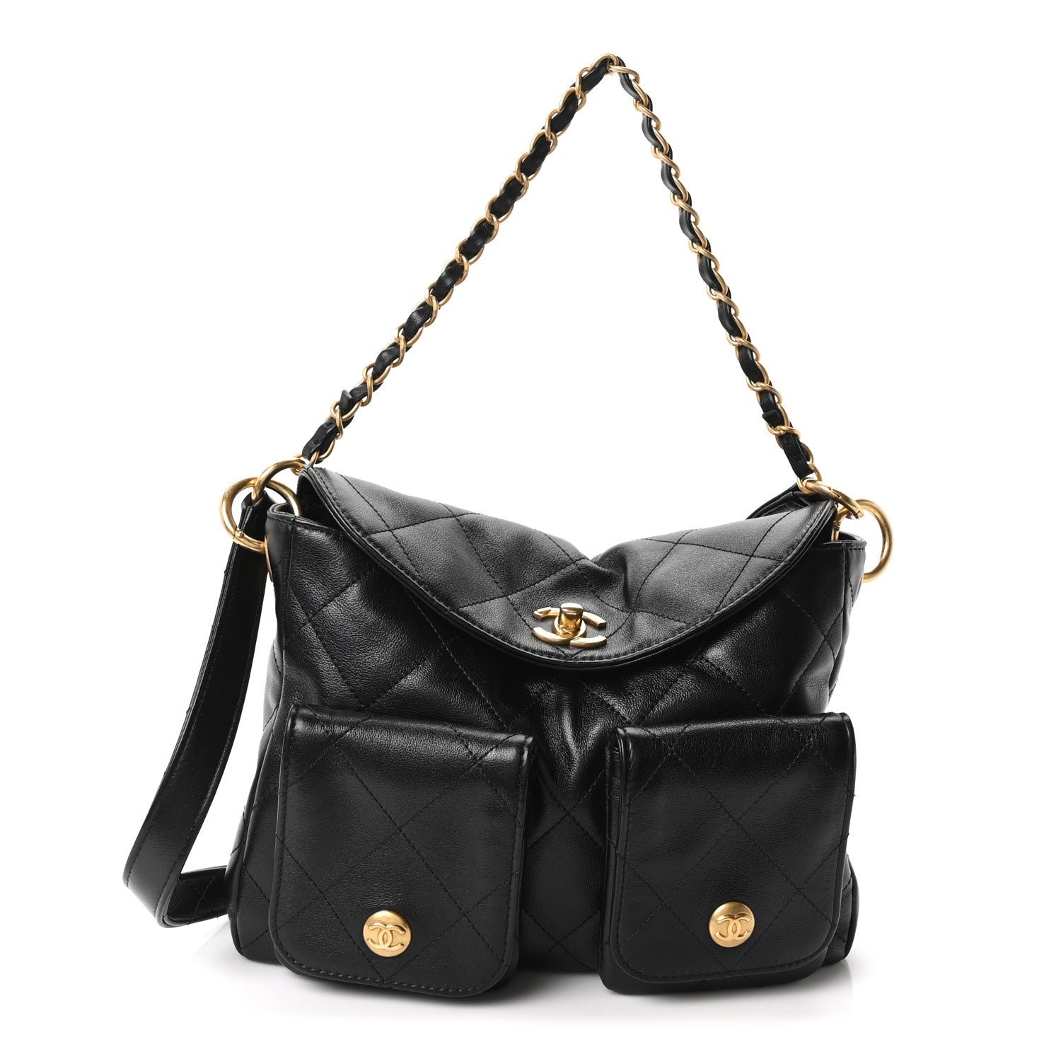 Chanel Shiny Calfskin Quilted Small Supple Twins Hobo Bag Black