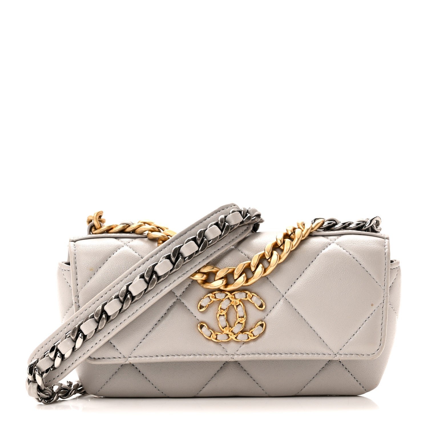 Chanel Goatskin Quilted Chanel 19 Glasses Case With Chain Grey