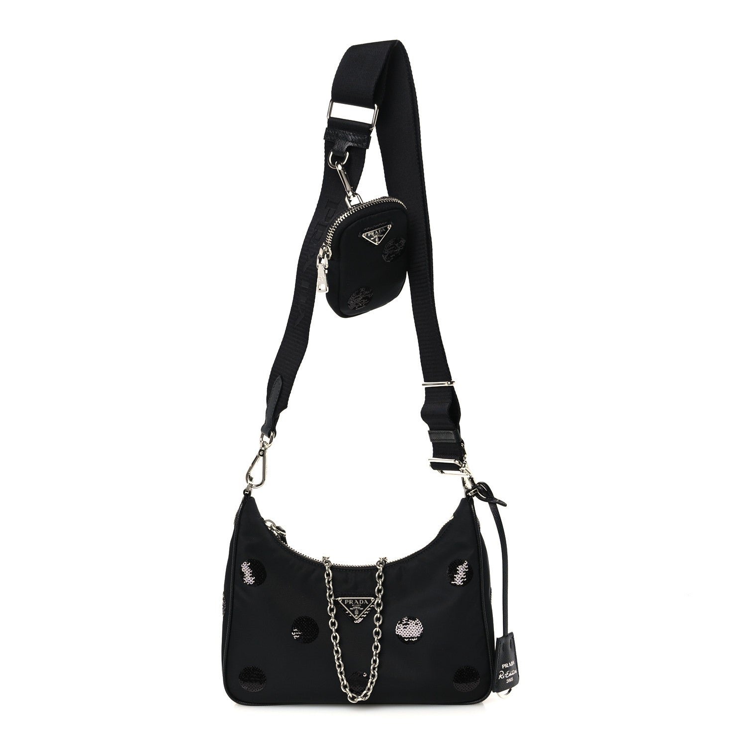 Prada Nylon Sequin Embellished Polka Dot Re-Edition 2005 Shoulder Bag Black
