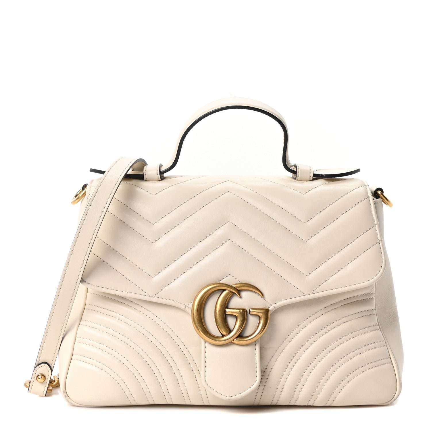 Gucci Calfskin Matelasse Small GG Marmont Top Handle Shoulder Bag White