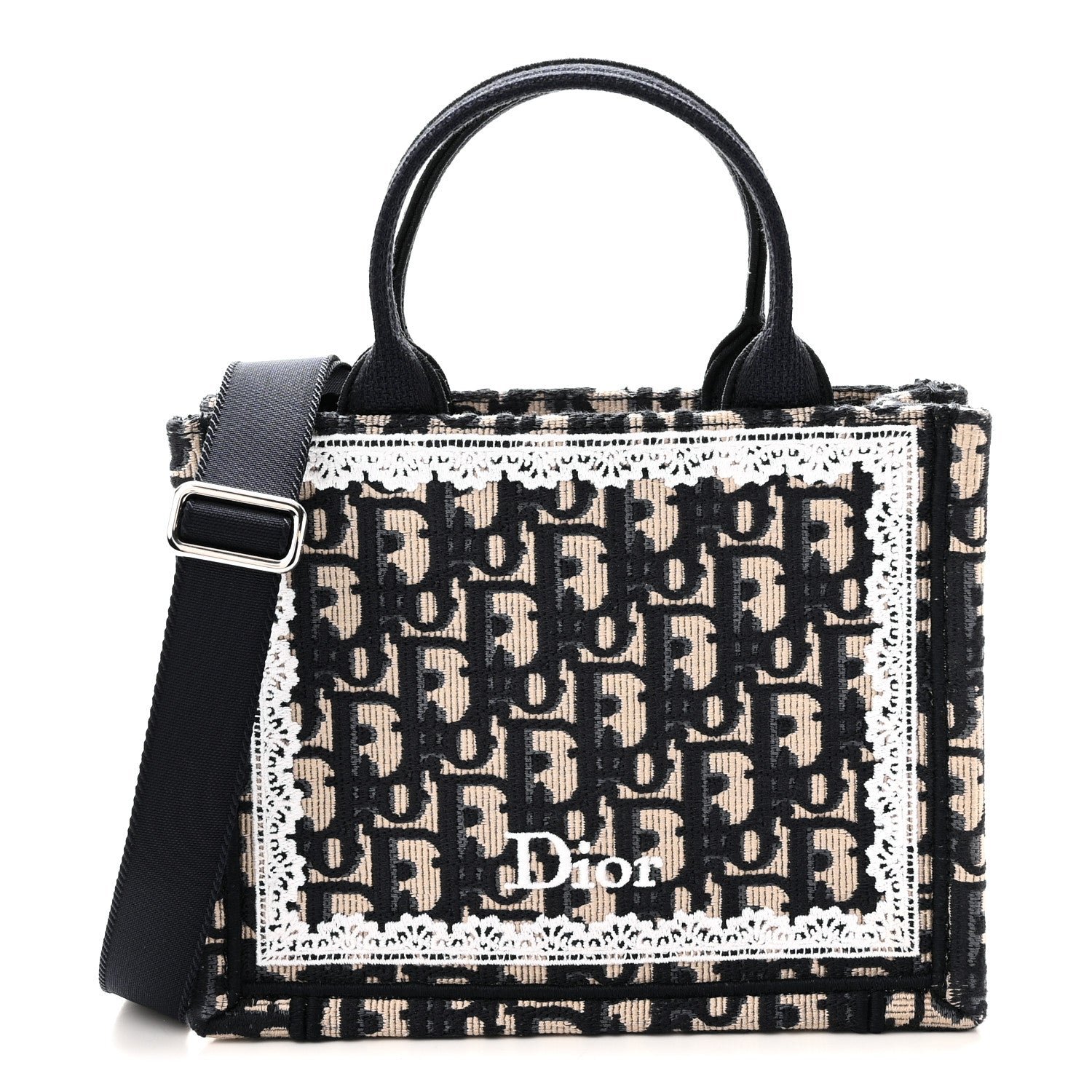 Christian Dior Oblique Embroidered Lace Mini Book Tote With Strap Blue White