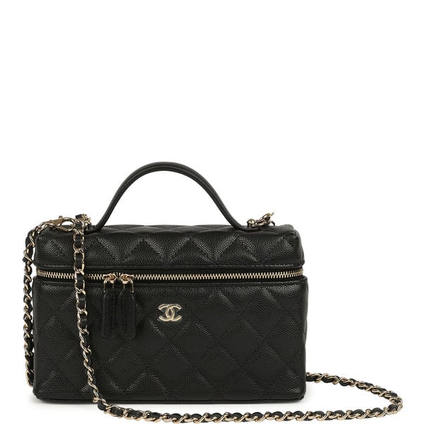 Chanel Top Handle Long Vanity Case with Chain Black Caviar Light Gold Hardware
