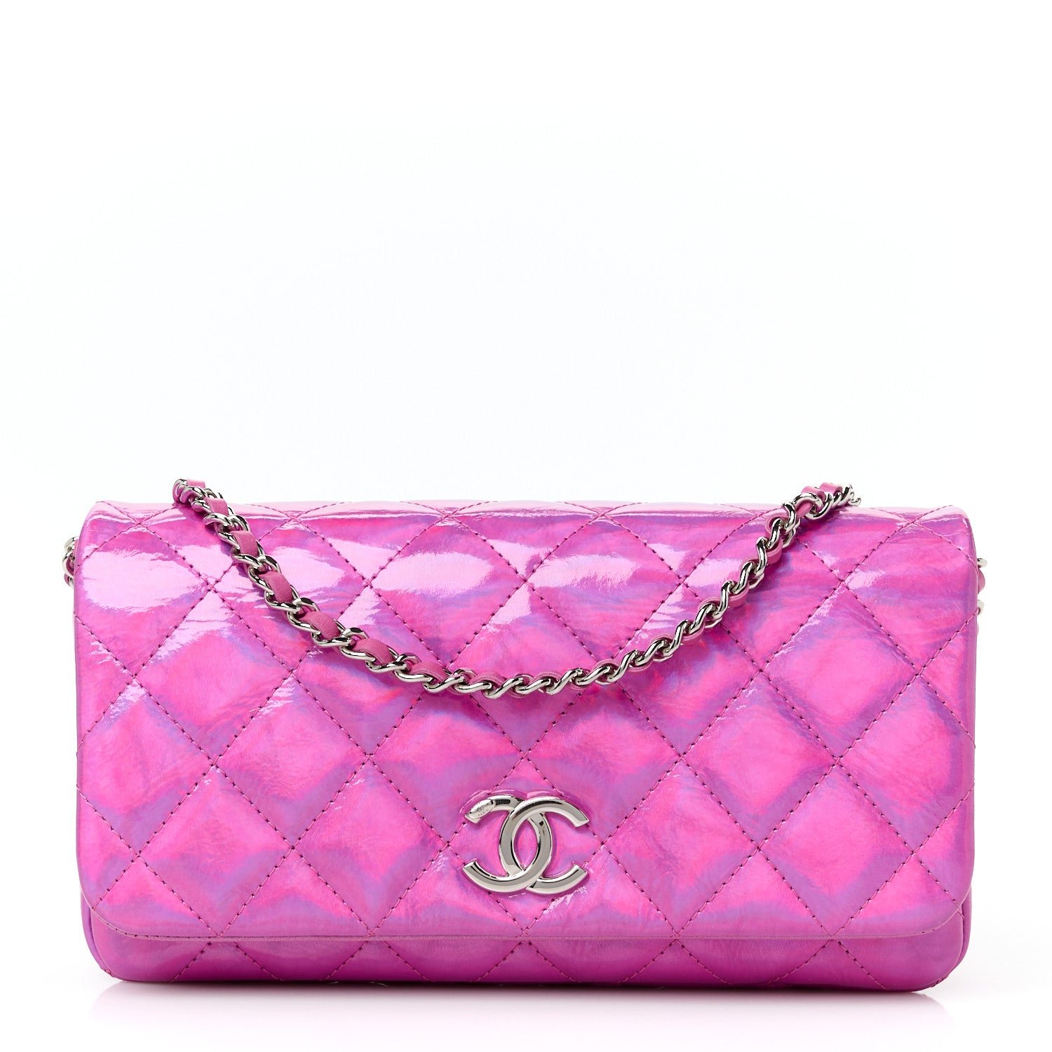 Chanel Iridescent Mirror Goatskin Quilted Clutch With Chain Pink