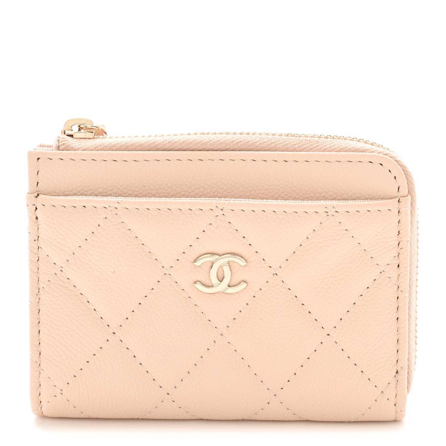 Chanel Caviar Quilted CC Zip Around Card Holder Beige