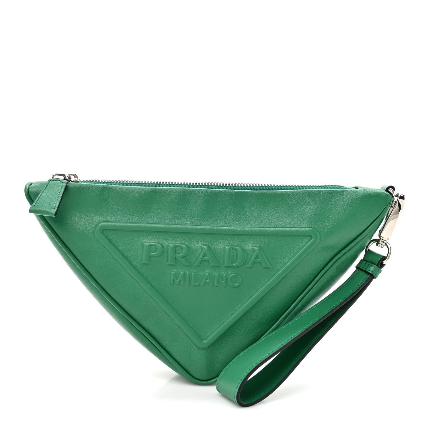 Prada Grace Lux Triangle Logo Embossed Triangle Wristlet Pouch Mango