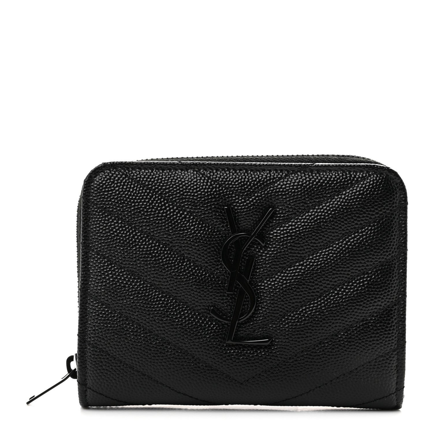 Saint Laurent Grain De Poudre Matelasse Chevron Monogram Monochrome Compact Zip Around Wallet Black