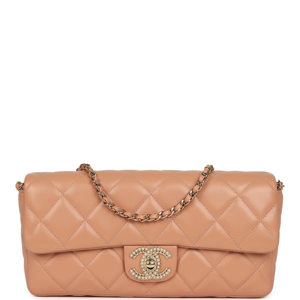 Chanel East West CC Pearl Clutch with Chain Beige Shiny Lambskin Gold Hardware