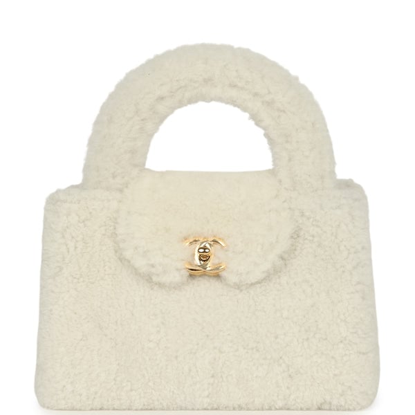 Chanel Small Kelly Shopper White Shearling Gold Hardware