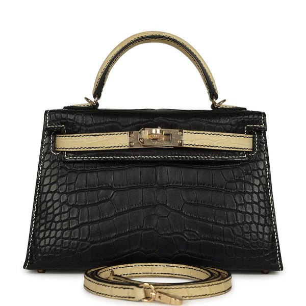 Hermes Pre-owned Hermes Special Order (HSS) Kelly Sellier 20 Black and Vanille Matte Alligator Permabrass Hardware