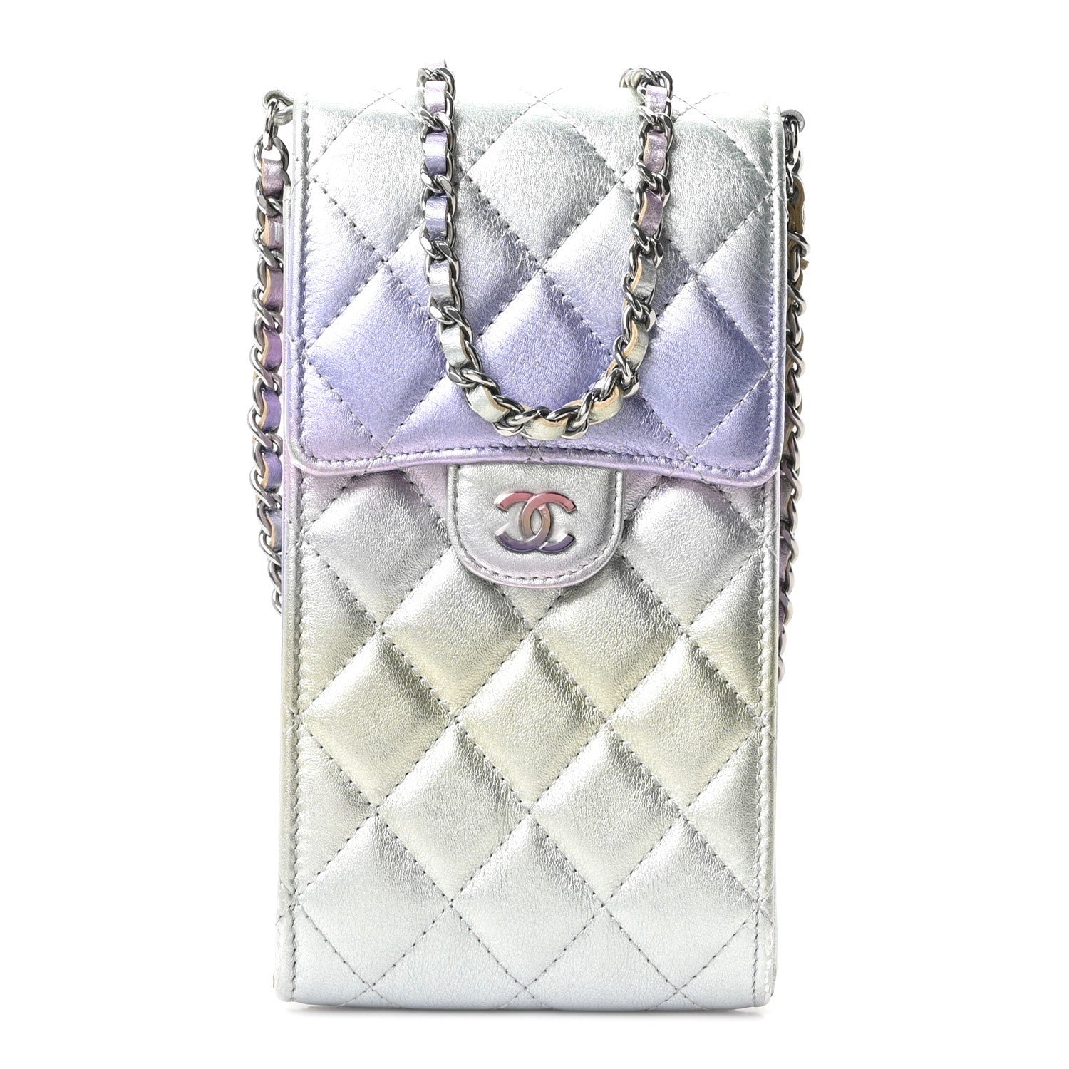 Chanel Gradient Metallic Calfskin Quilted CC Phone Holder Silver Blue Yellow Purple
