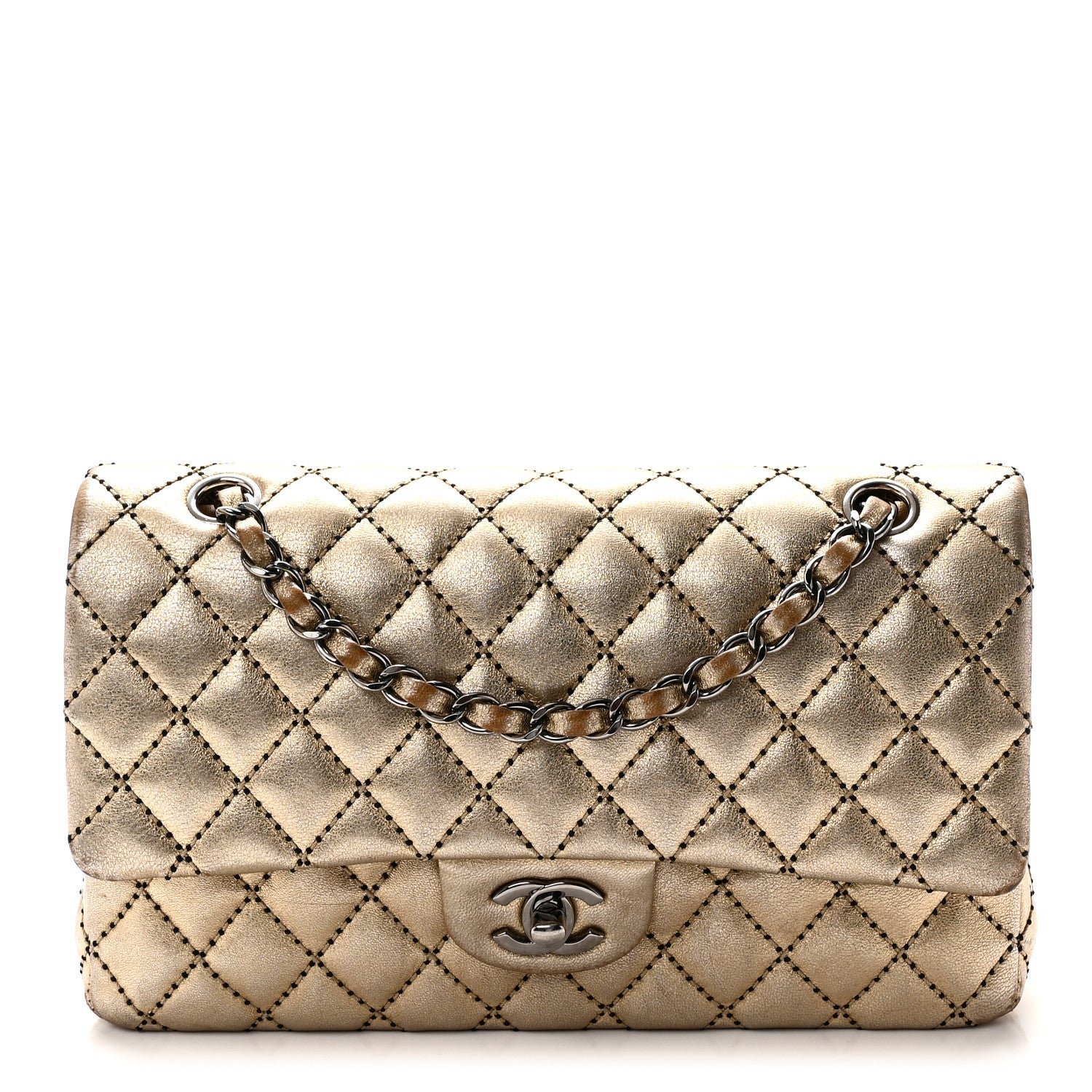 Chanel Metallic Washed Lambskin Quilted Medium Double Flap Dark Gold Black