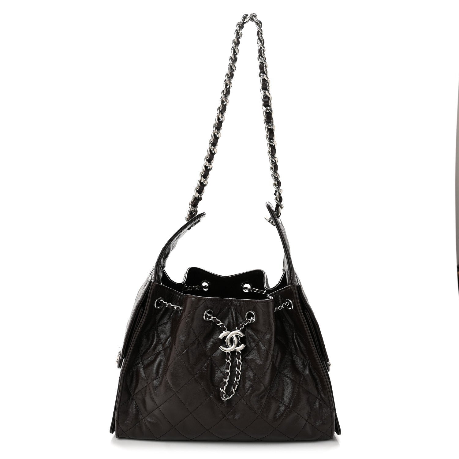 Chanel Shiny Crumpled Calfskin Quilted Small Chanel 25 Handbag Dark Brown