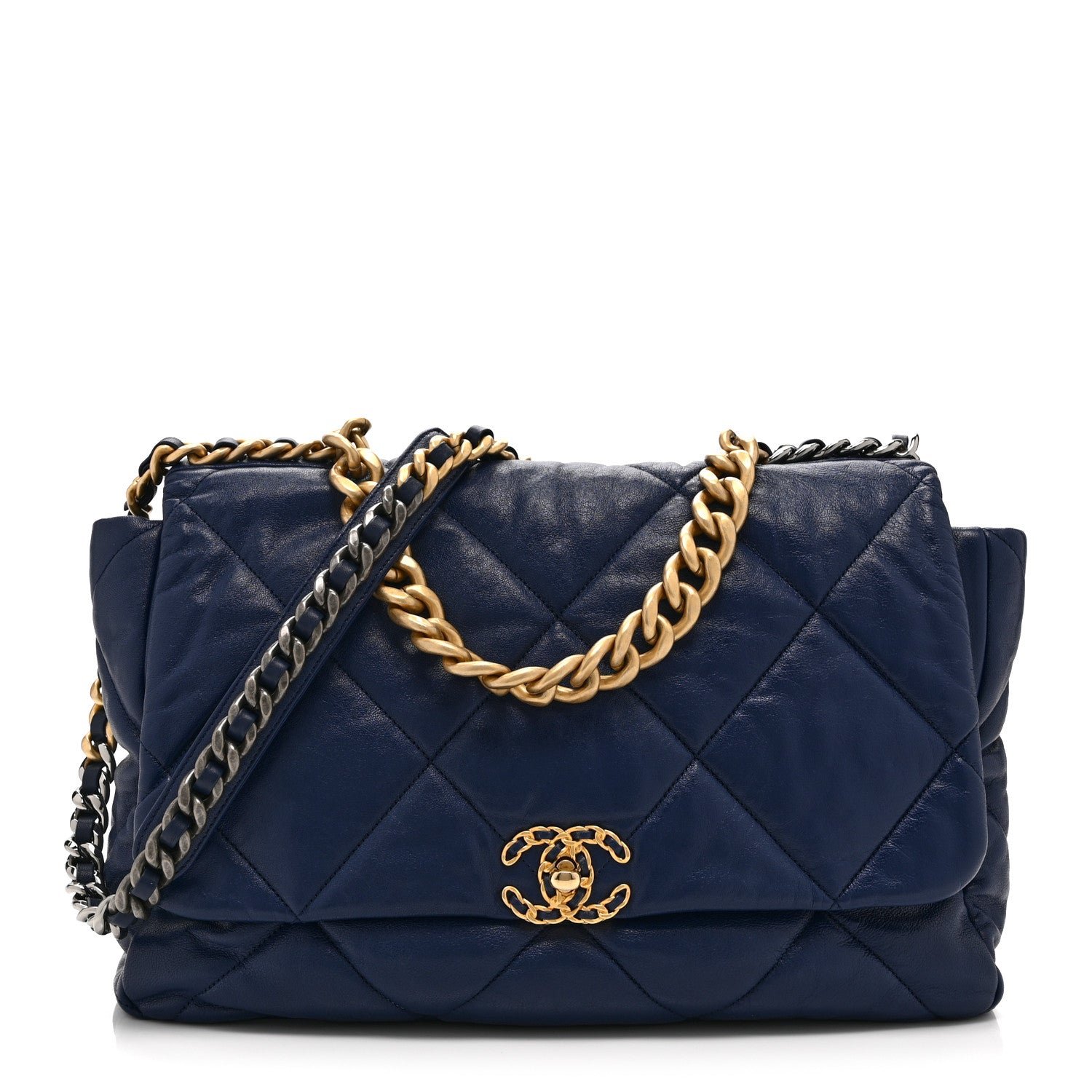 Chanel Goatskin Quilted Maxi Chanel 19 Flap Navy Blue