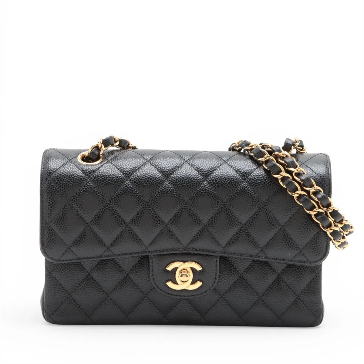 Chanel Matelasse 23 Small Caviar Skin Double Flap Double Chain Bag Black Gold Me