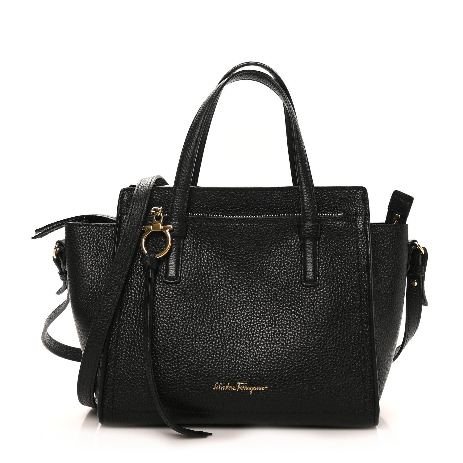 Salvatore Ferragamo Hammered Calfskin Double Handle Small Amy Tote Black