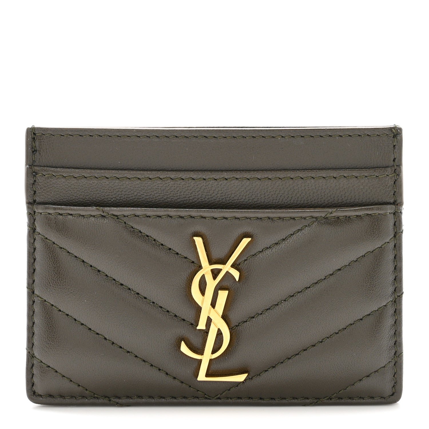 Saint Laurent Lambskin Matelasse Chevron Monogram Credit Card Case Light Musk