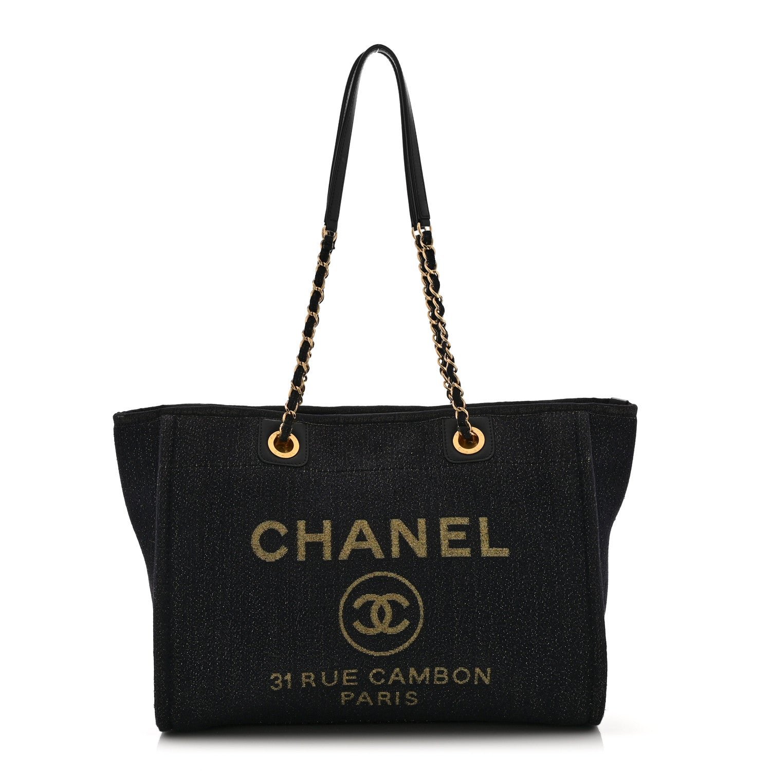Chanel Lurex Canvas Small Deauville Tote Navy Blue Gold
