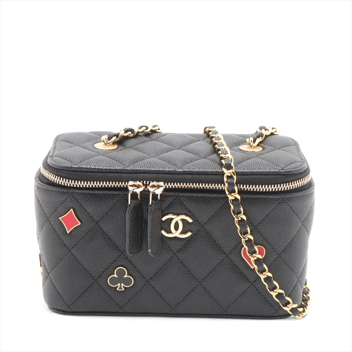 Chanel Matelasse Caviar Skin Chain Shoulder Bag Vanity Playings Cards Black Gold