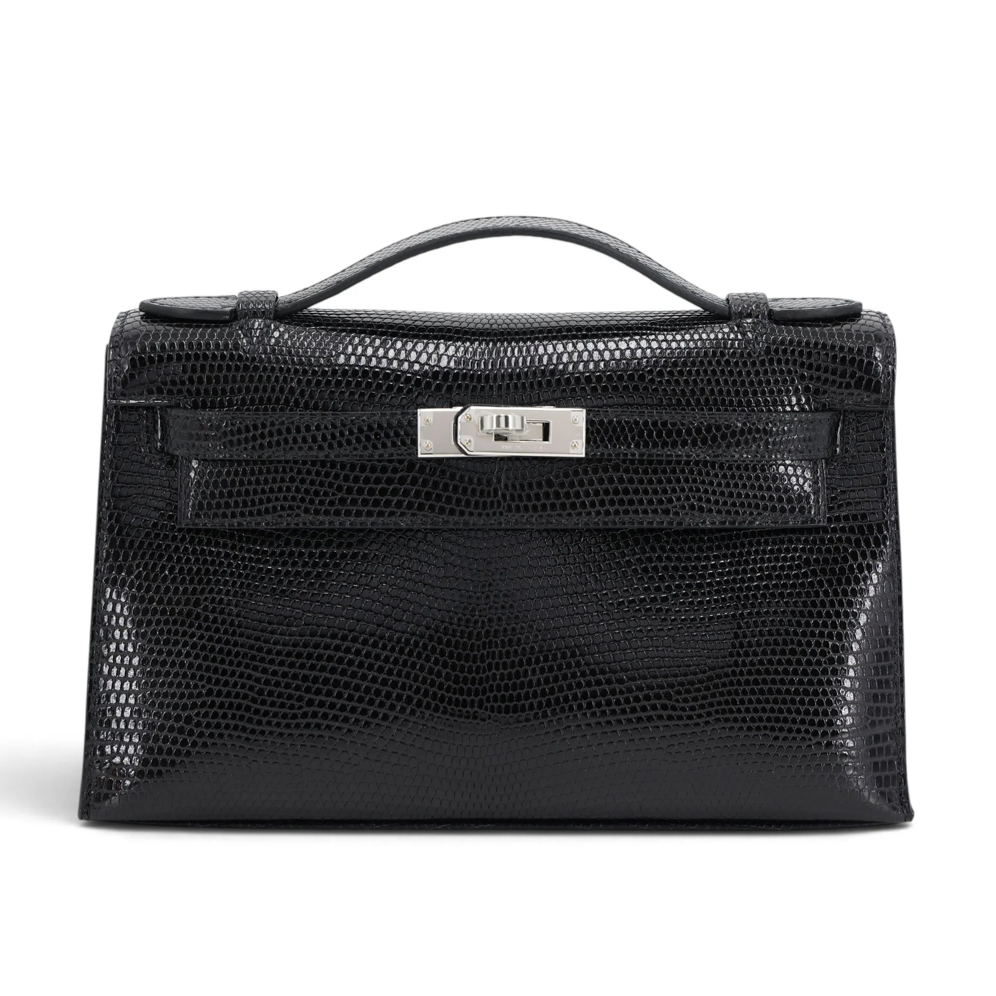 Hermes Kelly Pochette Noir (89) Shiny Lizard Palladium hardware W (2024)