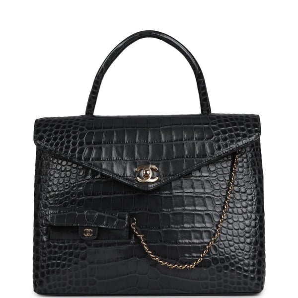 Chanel Top Handle Envelope Flap Bag Grey Croc Embossed Calfskin Gold Hardware