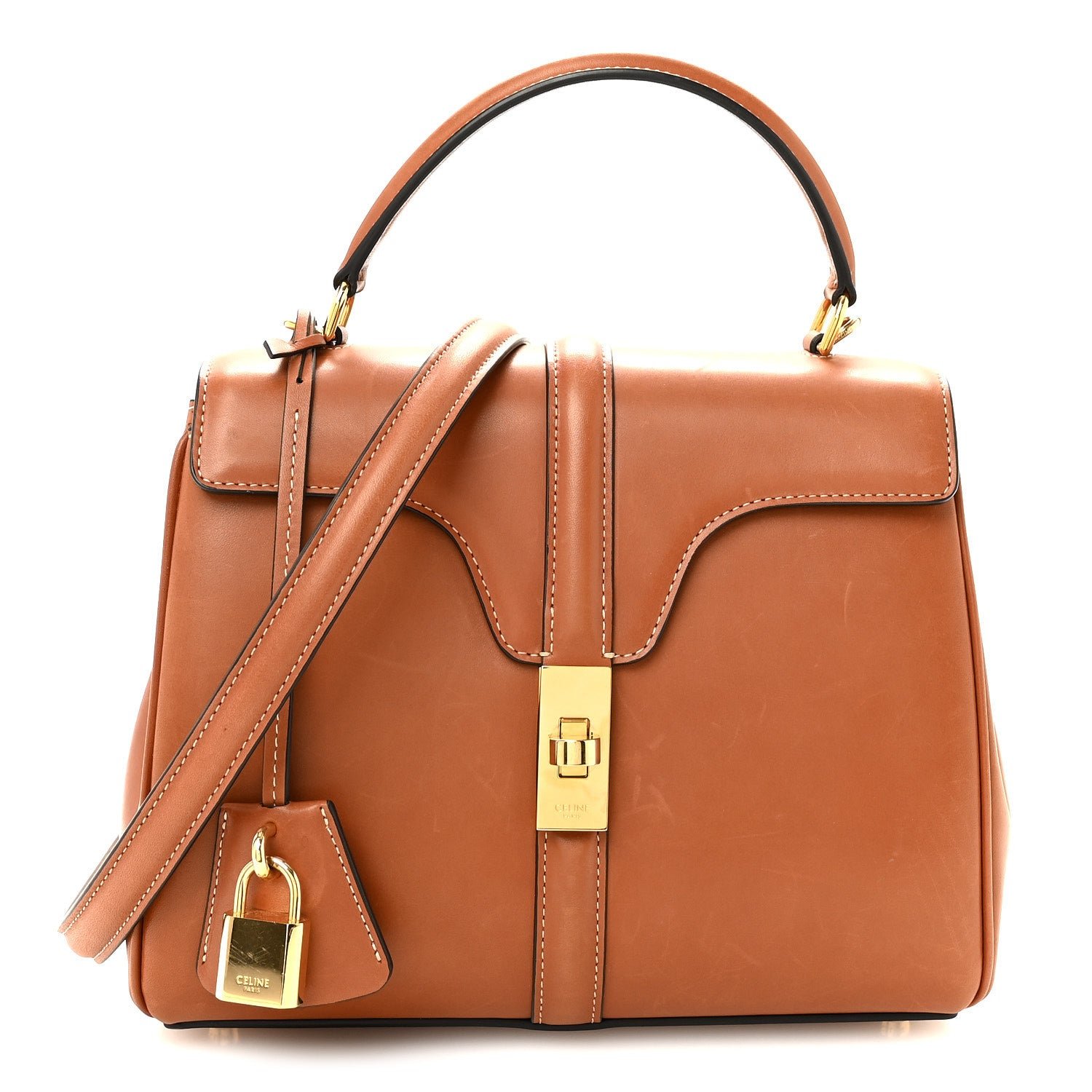 Celine Satinated Calfskin Small 16 Top Handle Bag Tan