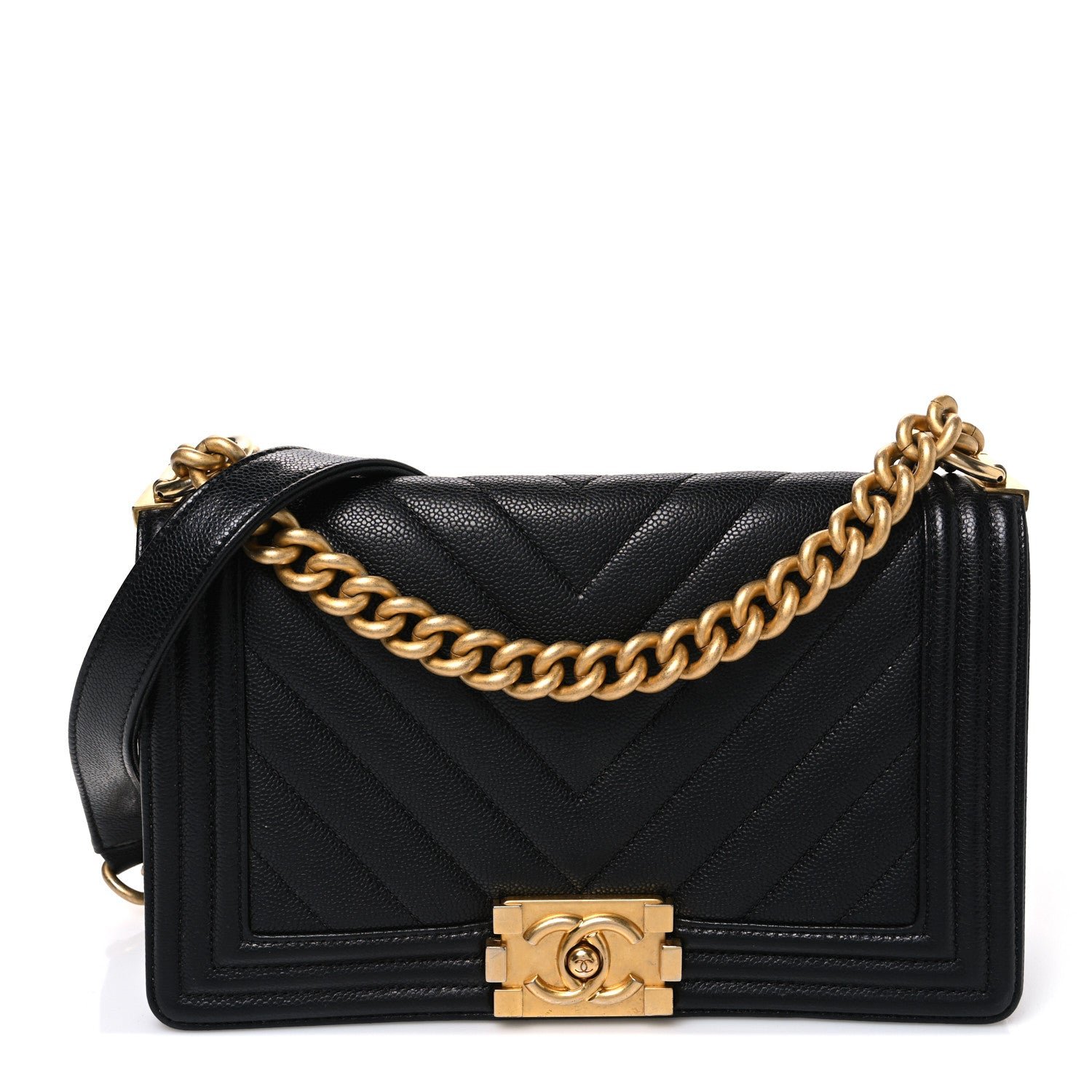 Chanel Caviar Chevron Quilted Medium Boy Flap Black