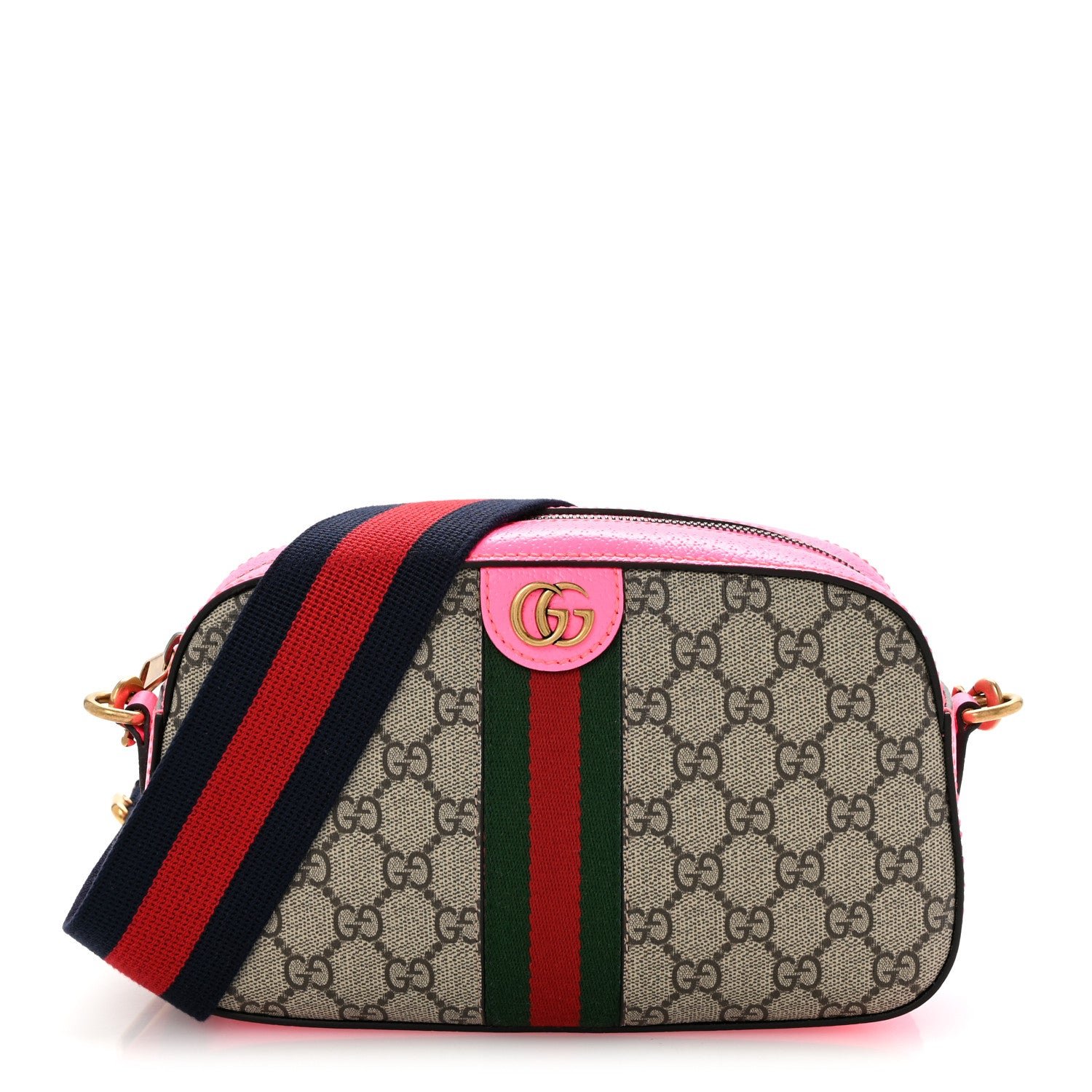 Gucci GG Supreme Monogram Textured Dollar Calfskin Web Ophidia Small Crossbody Bag Beige Ebony Fuchsia