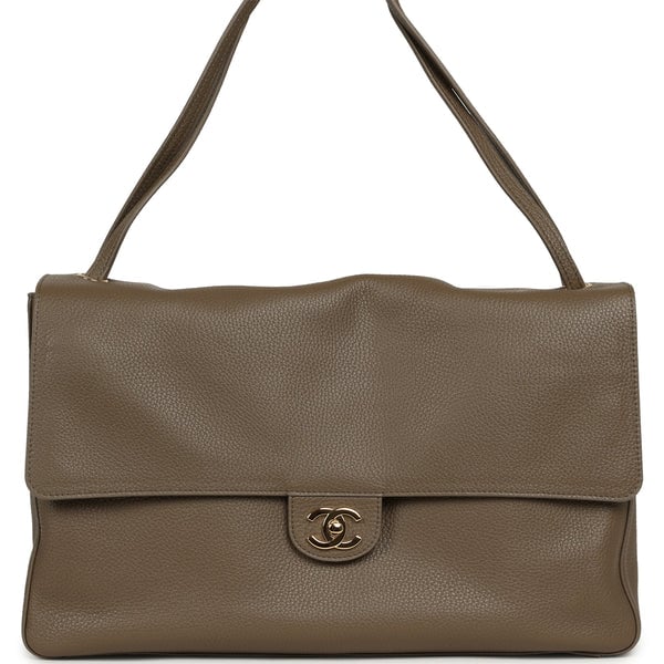 Chanel Maxi "Souplissimo" Large Flap Bag Dark Khaki Grained Calfskin Gold Hardware