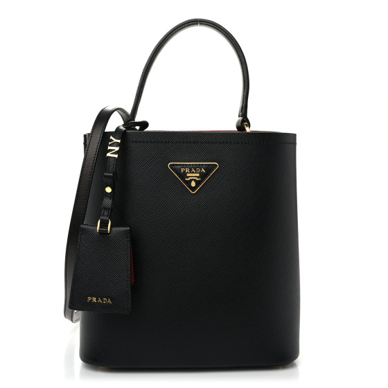 Prada Saffiano Cuir Medium Panier Bucket Bag Black Fuoco