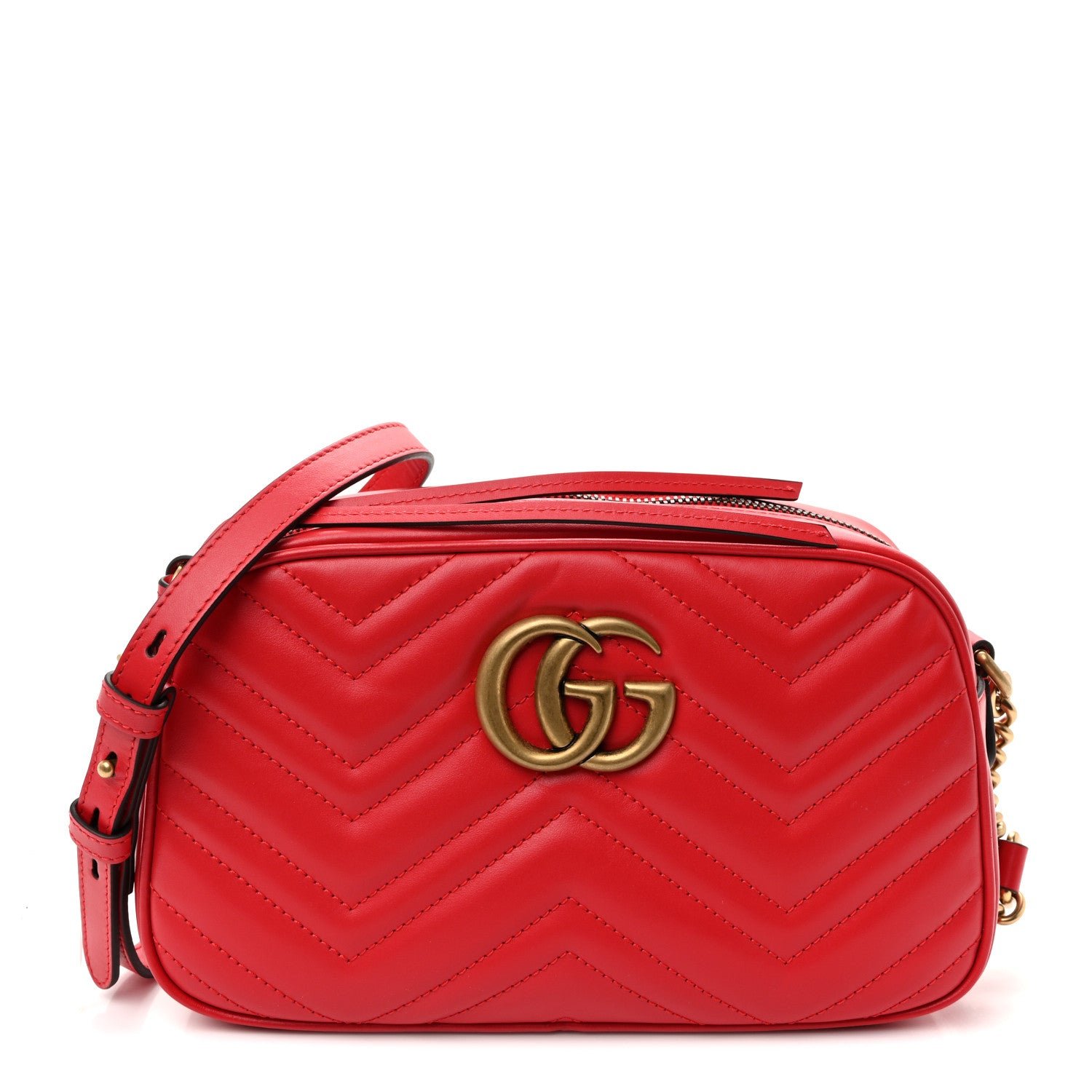 Gucci Calfskin Matelasse Small GG Marmont Chain Shoulder Bag Hibiscus Red