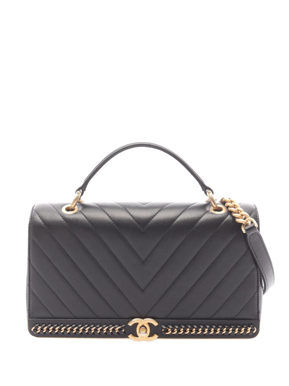 2017-2018 Chevron Lambskin Stitched Chain Top Handle Flap satchel