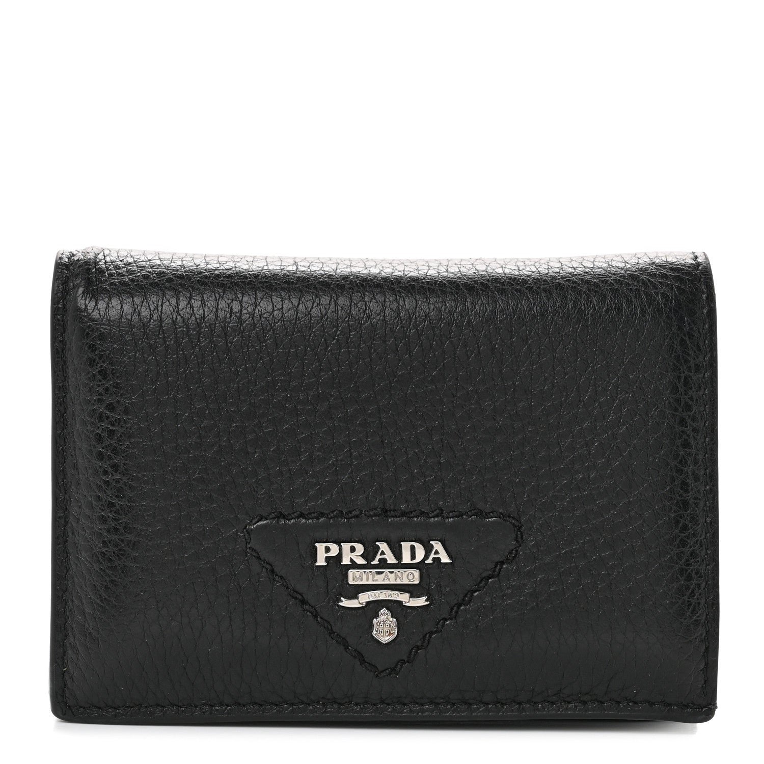 Prada Vitello Daino Triangle Bi-Fold Card Holder Wallet Black
