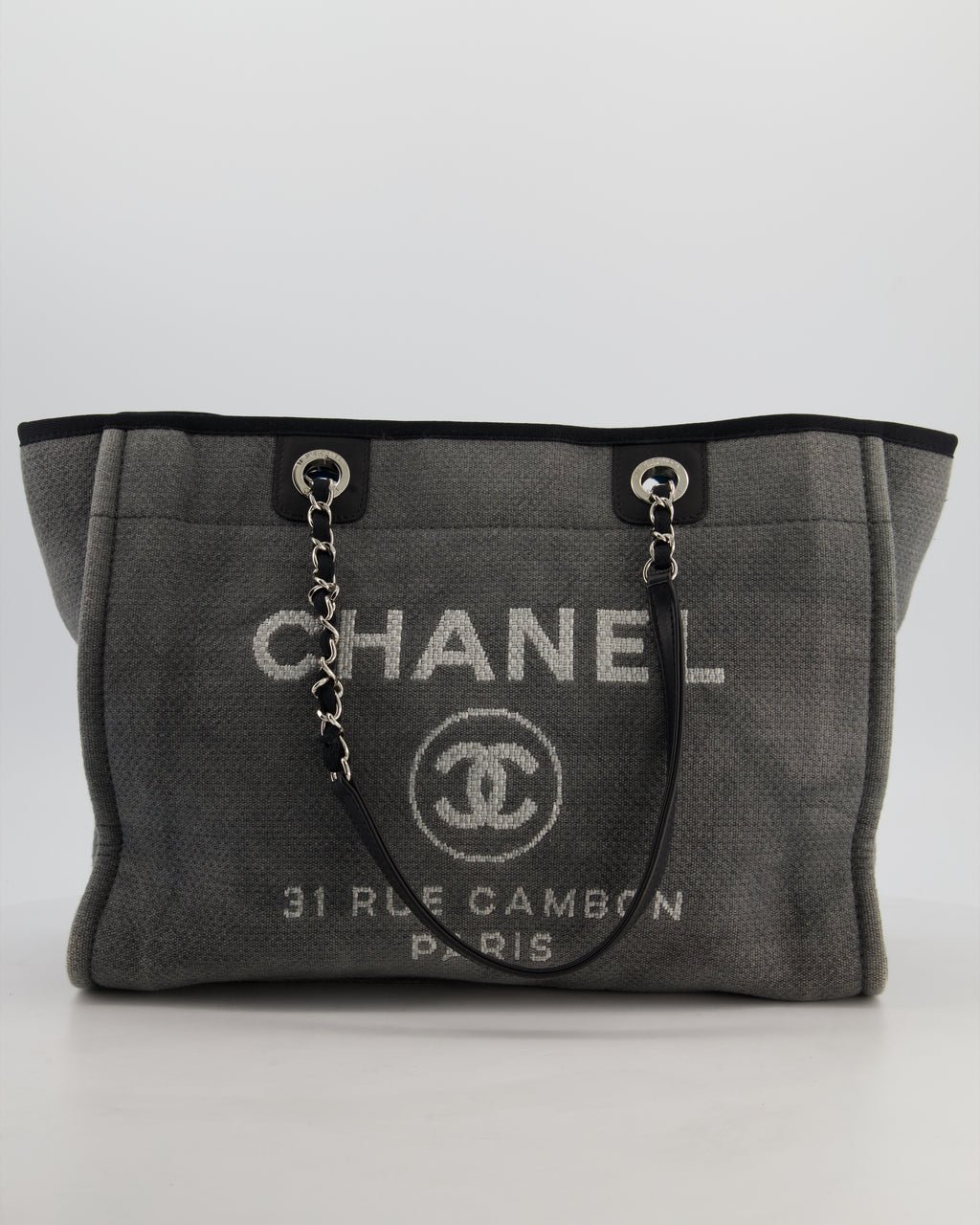 Chanel Grey Black Small Canvas Deauville Tote Bag with Silver Hardware
