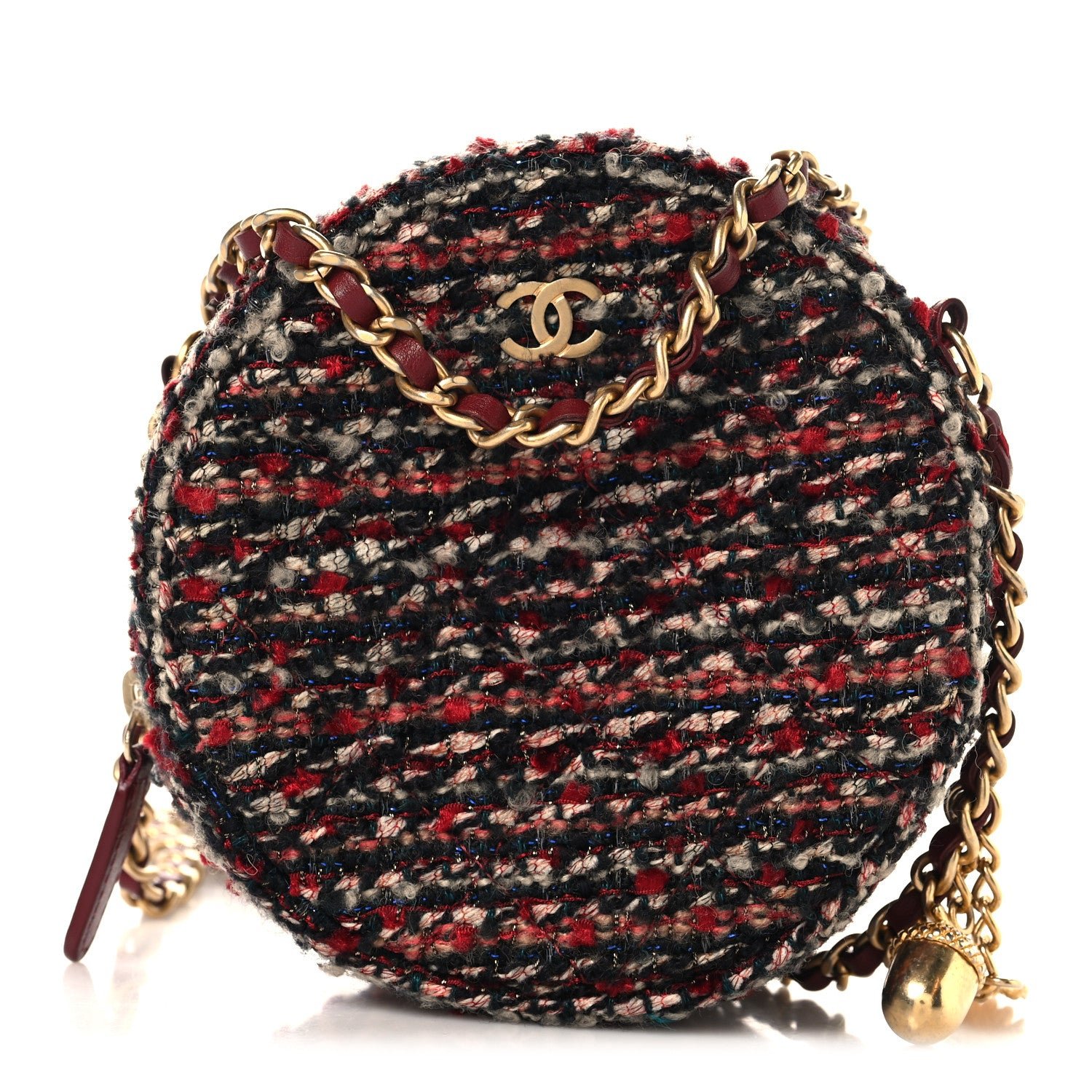 Chanel Tweed Quilted Round Clutch With Chain Red