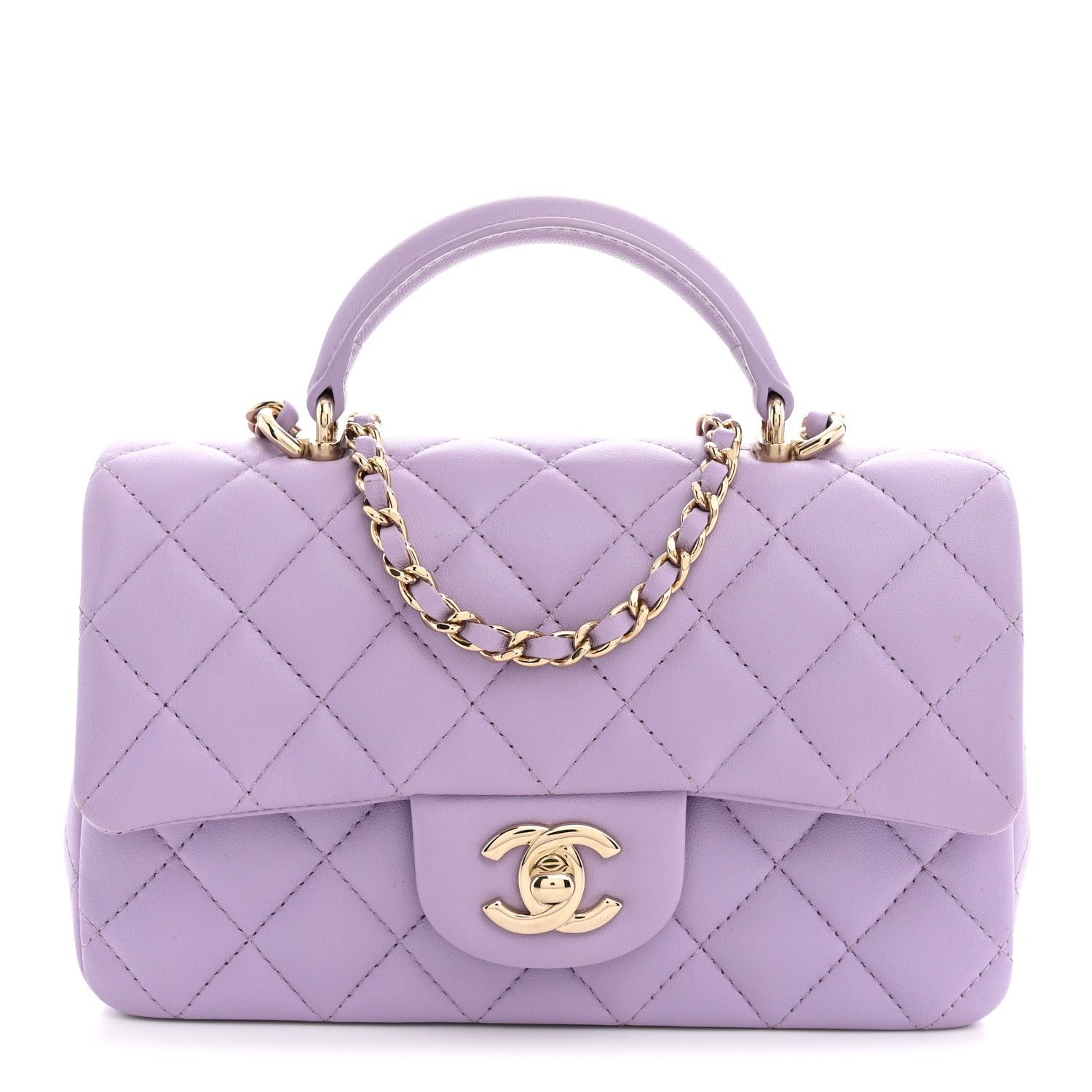 Chanel Lambskin Quilted Mini Top Handle Rectangular Flap Light Purple