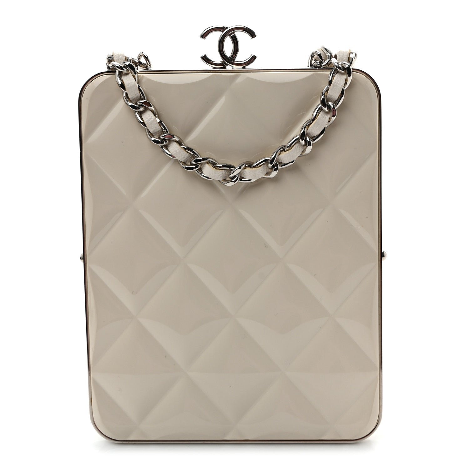 Chanel Lambskin Plexi Quilted CC Evening Clutch With Chain White