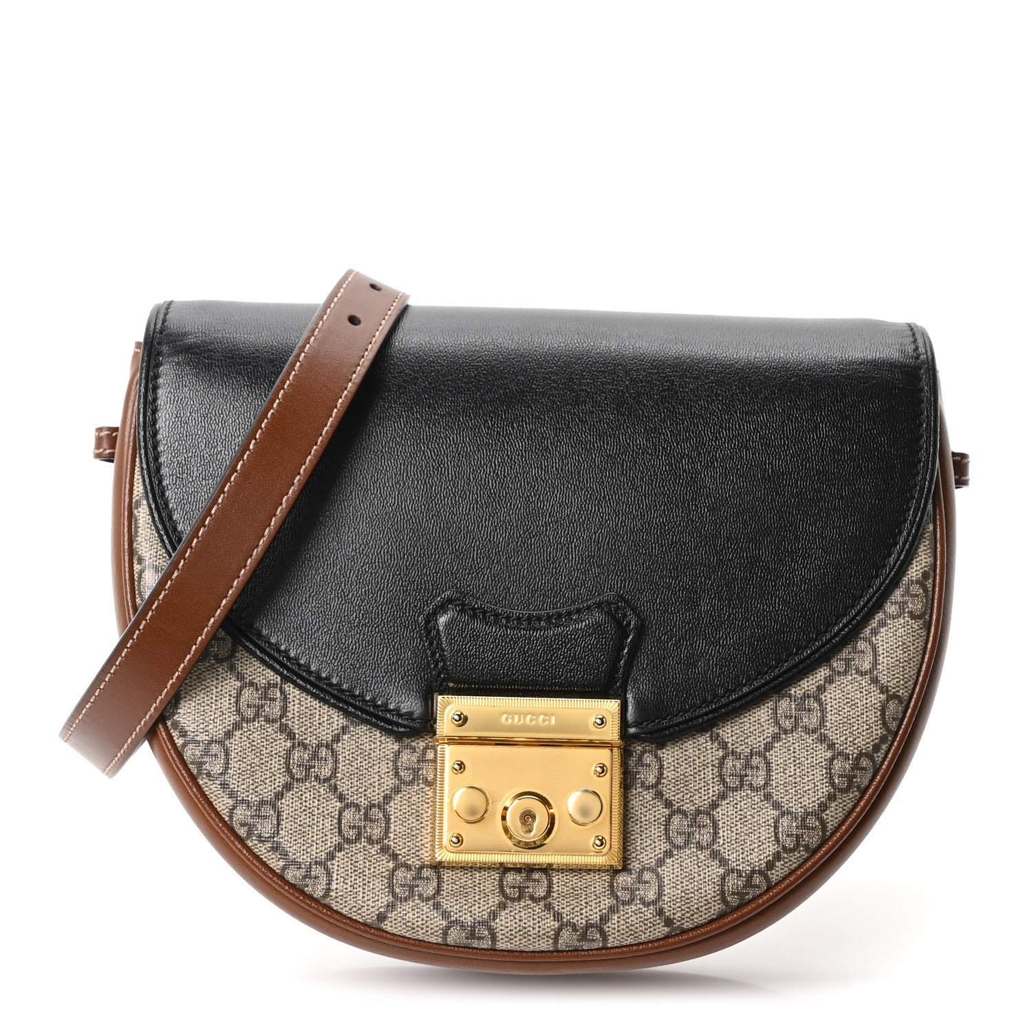 Gucci GG Supreme Monogram Calfskin Small Padlock Messenger Shoulder Bag Beige Black Cuir