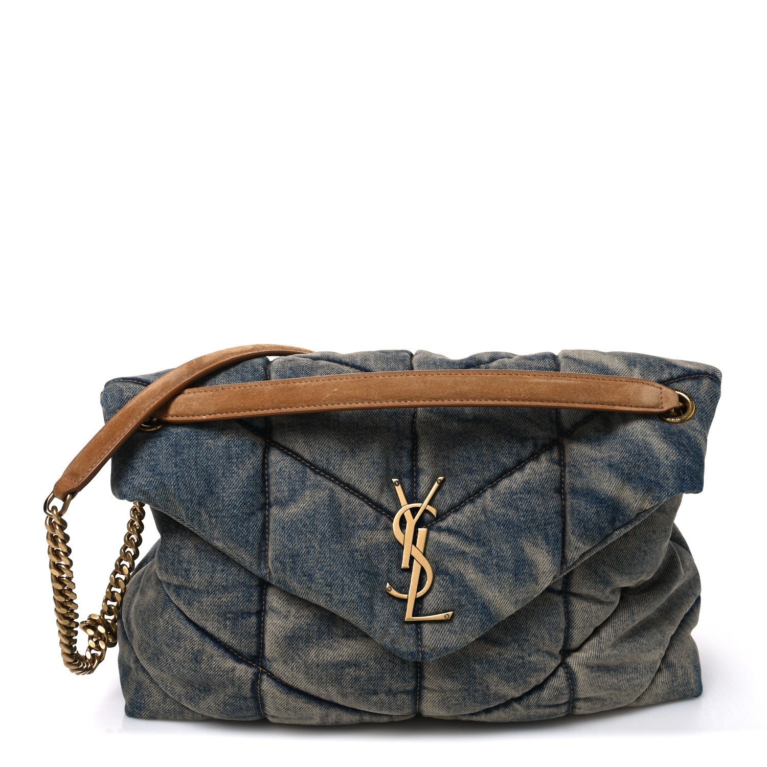 Saint Laurent Denim Quilted Medium Loulou Puffer Monogram Chain Satchel Blue Cinnamon