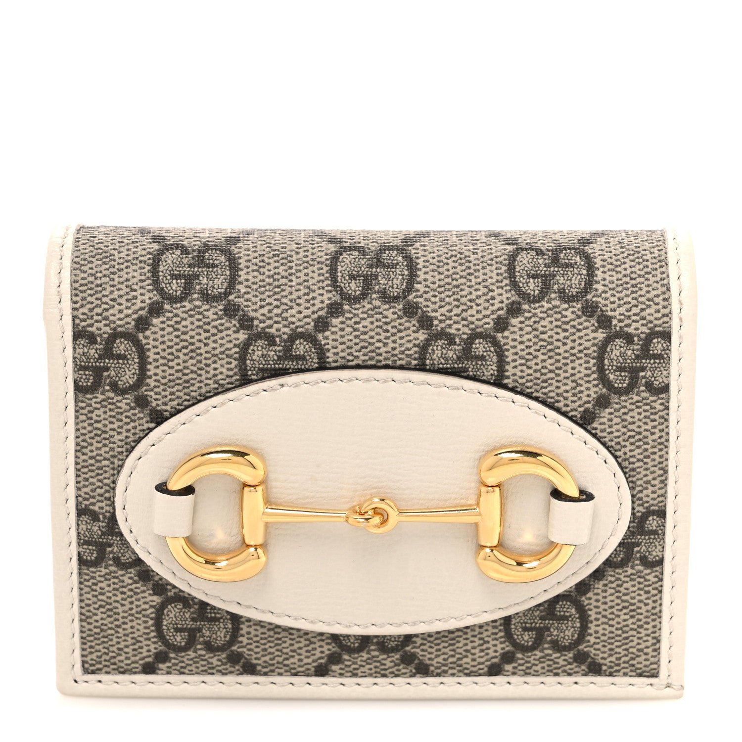 GG Supreme Monogram Azalea Calfskin Horsebit 1955 Card Case Wallet Beige Ebony Mystic White