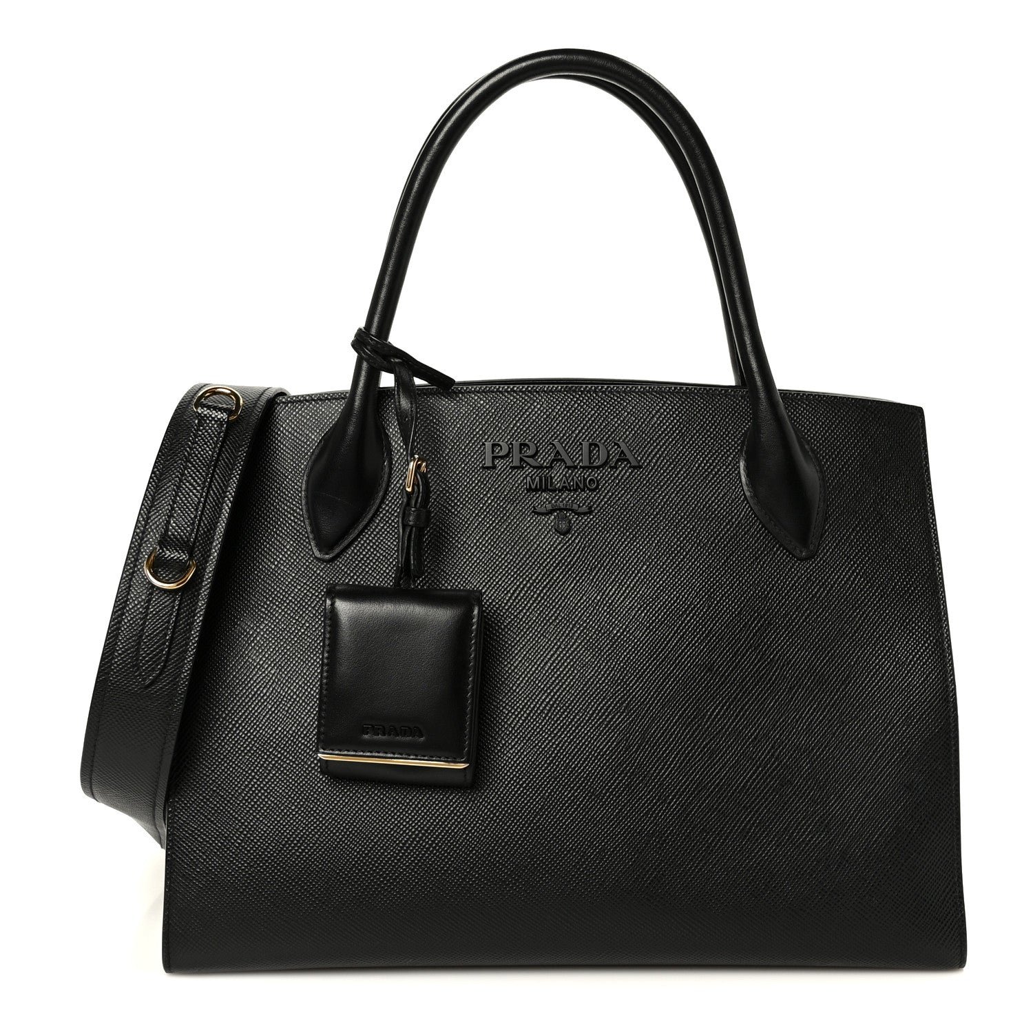 Prada Saffiano Cuir Calfskin Medium Monochrome Top Handle Tote Black