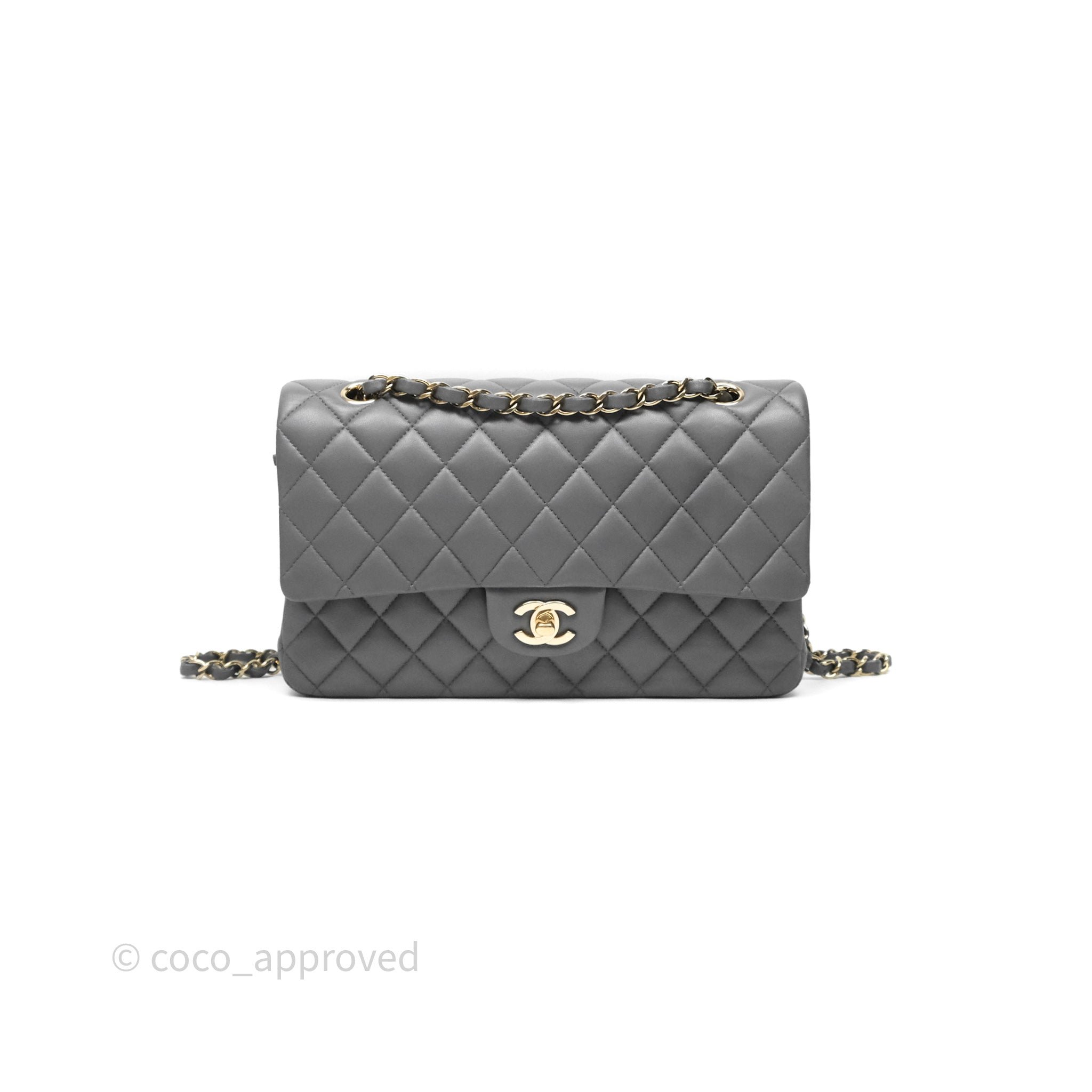 Chanel Classic M/L Medium Flap Quilted Grey Lambskin Gold Hardware
