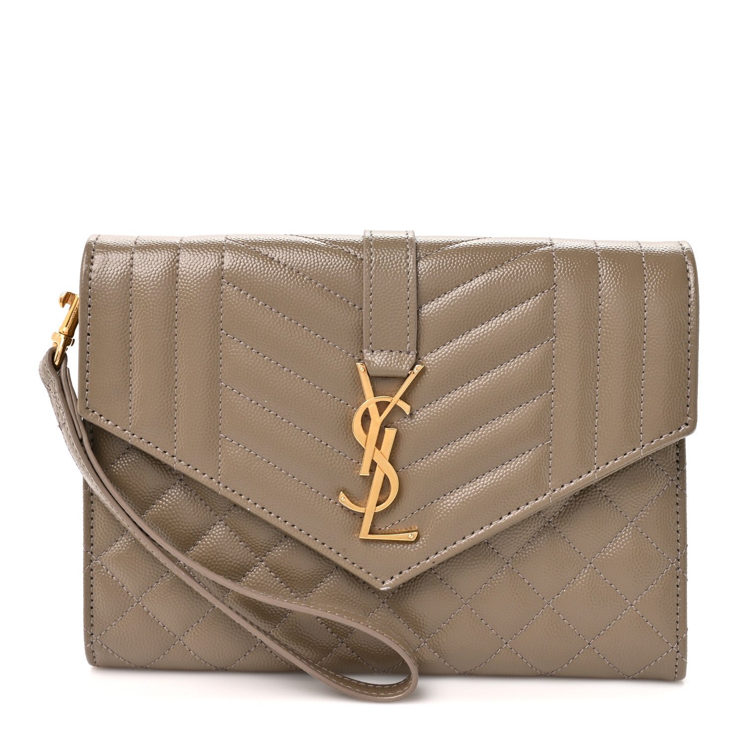 Saint Laurent Grain De Poudre Textured Mixed Matelasse Triquilt Monogram Clutch  Dusty Grey