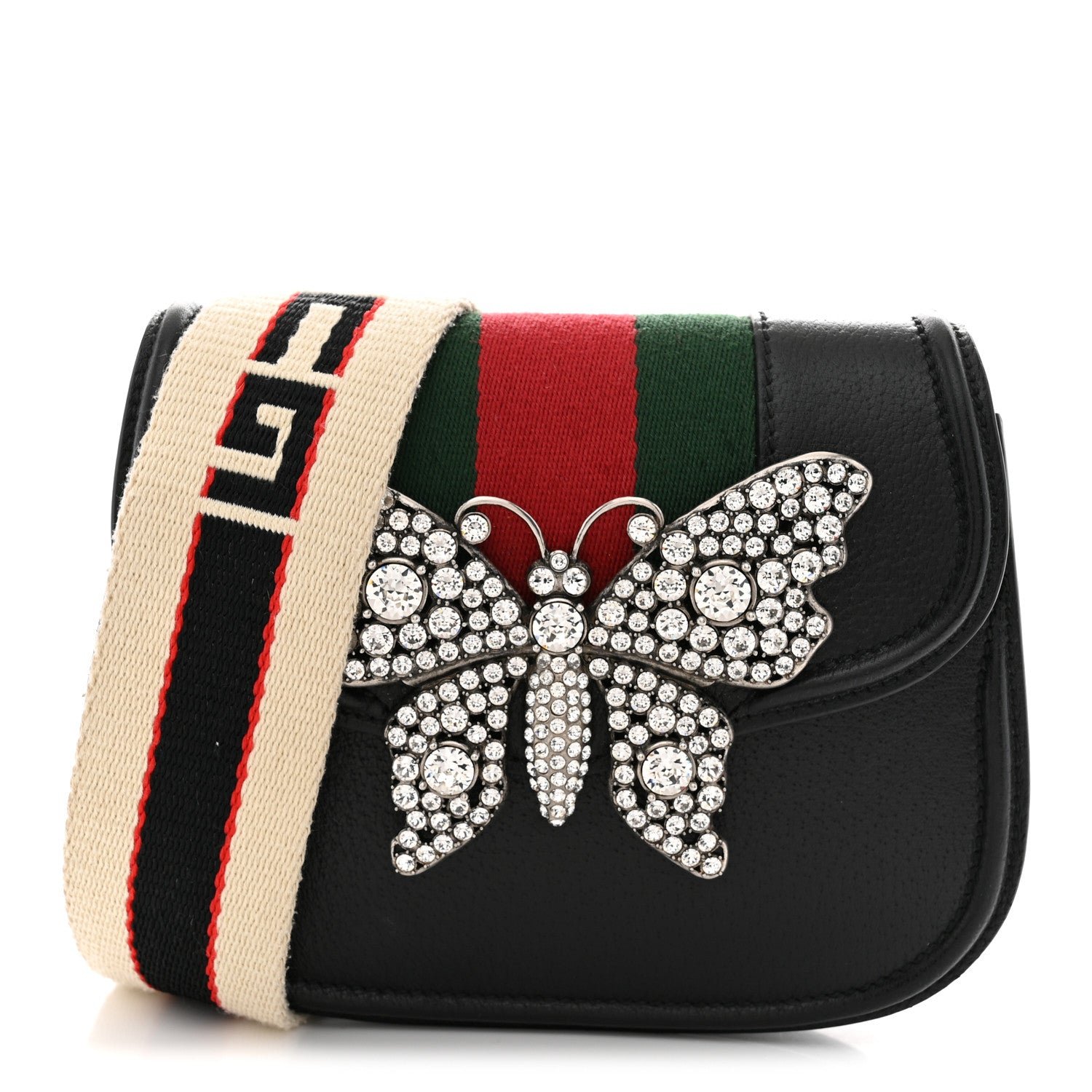 Gucci Calfskin Web Crystal Butterfly Stripe Small Totem Shoulder Bag Black