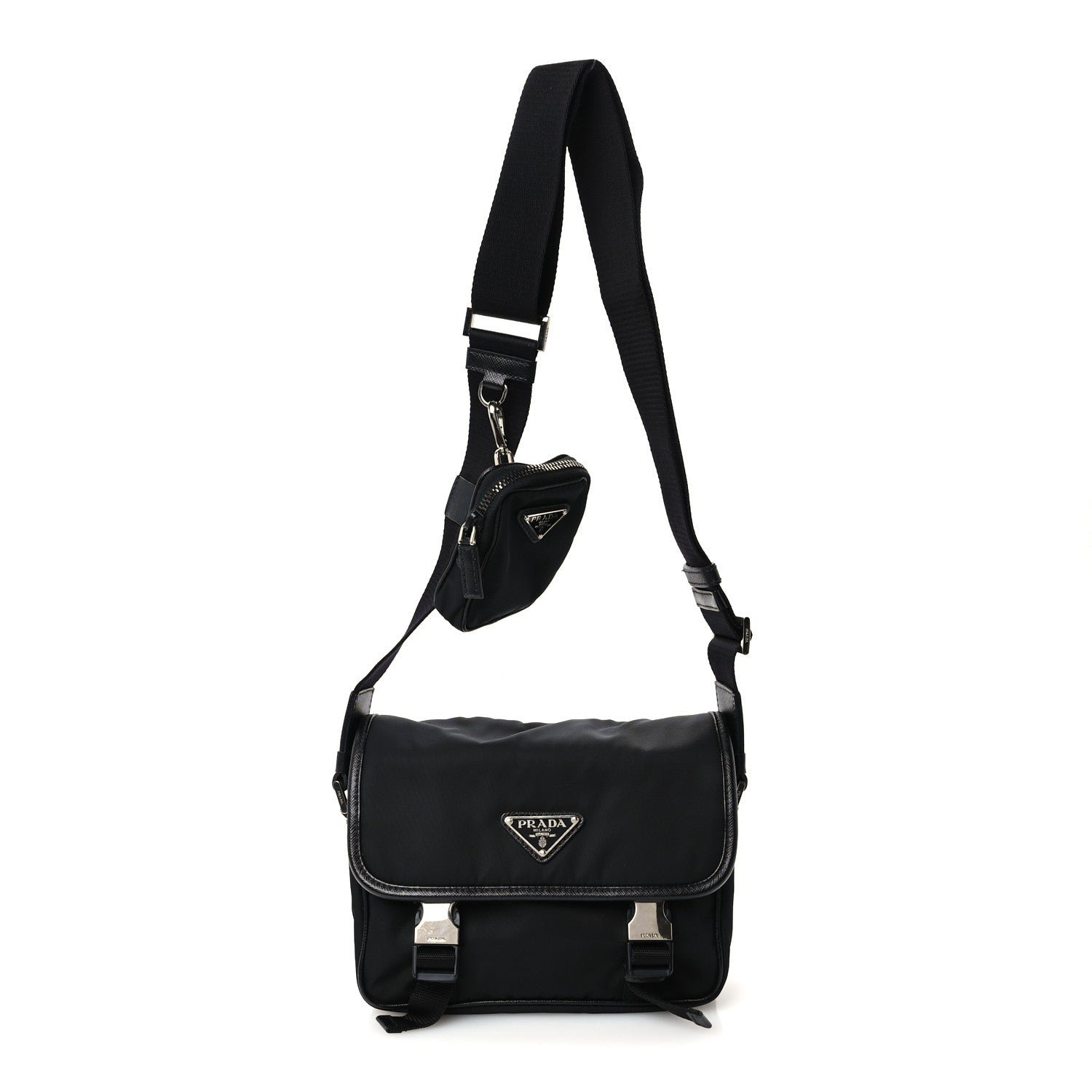 Prada Re-Nylon Saffiano Pocket Double Snap Buckle Shoulder Bag Black