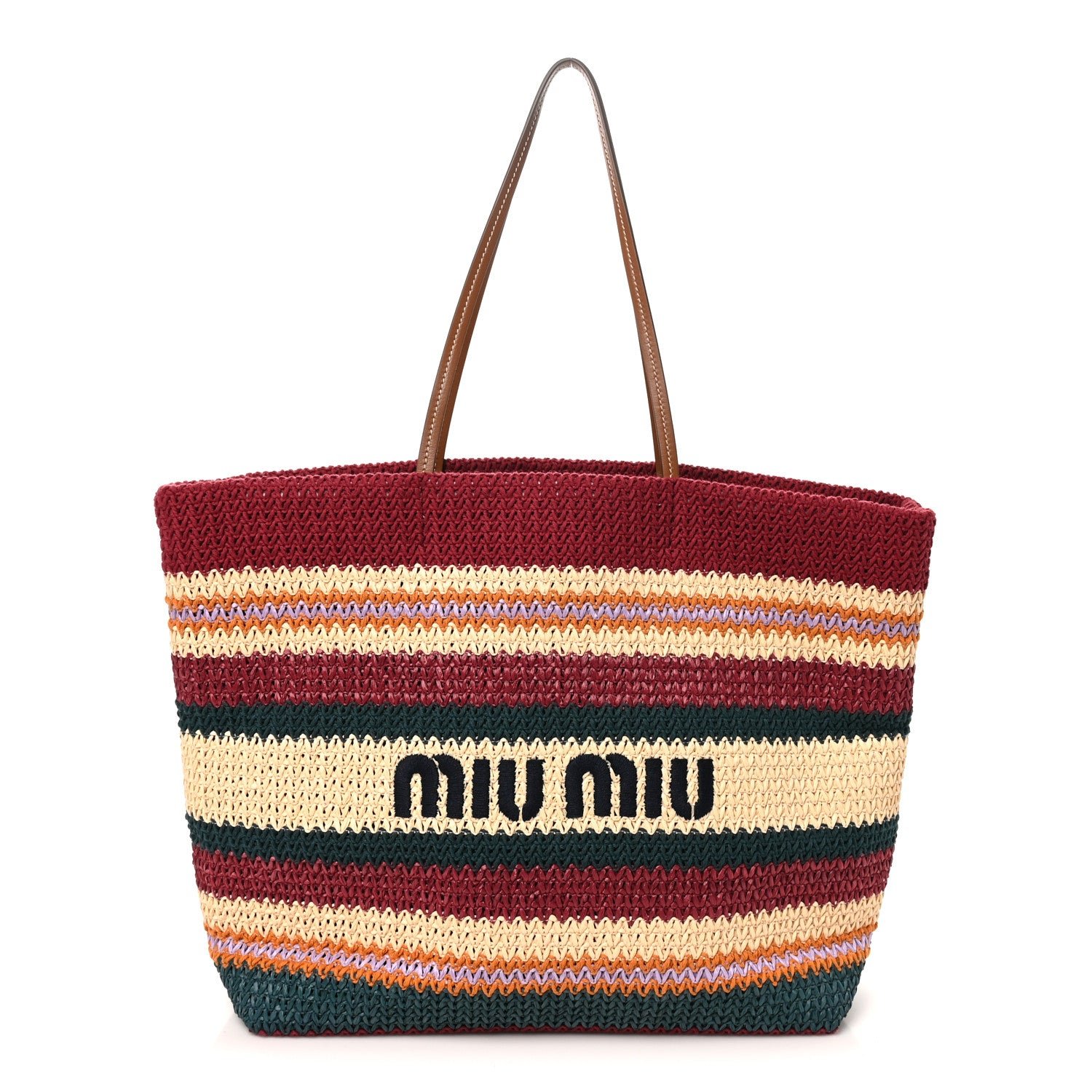Miu Miu Cotton Crochet Stripe Tote Bag Dark Red Multicolor