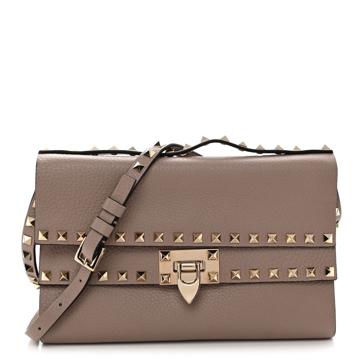 Grainy Calfskin Rockstud Double Flap Crossbody Bag Poudre
