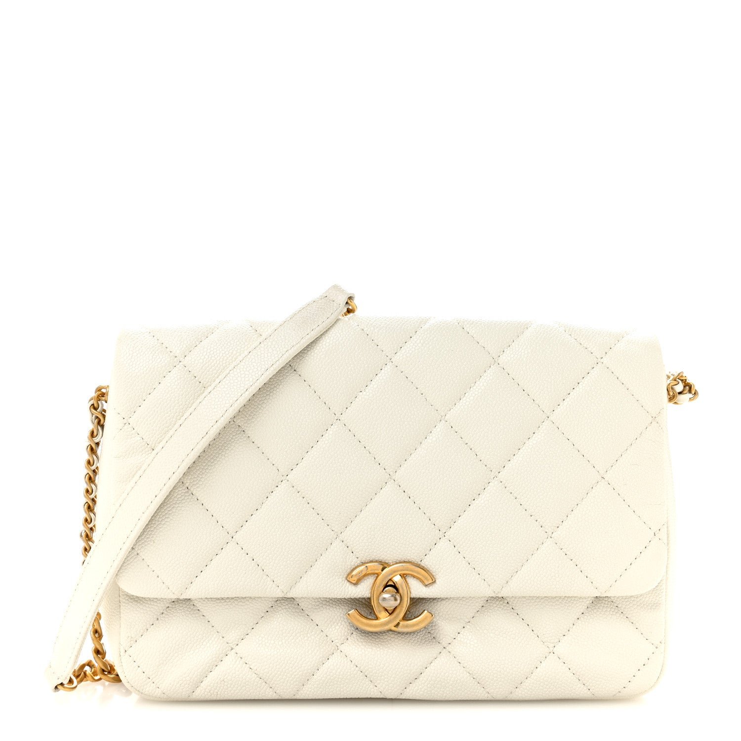 Chanel Shiny Caviar Quilted Large Chain Melody Flap White