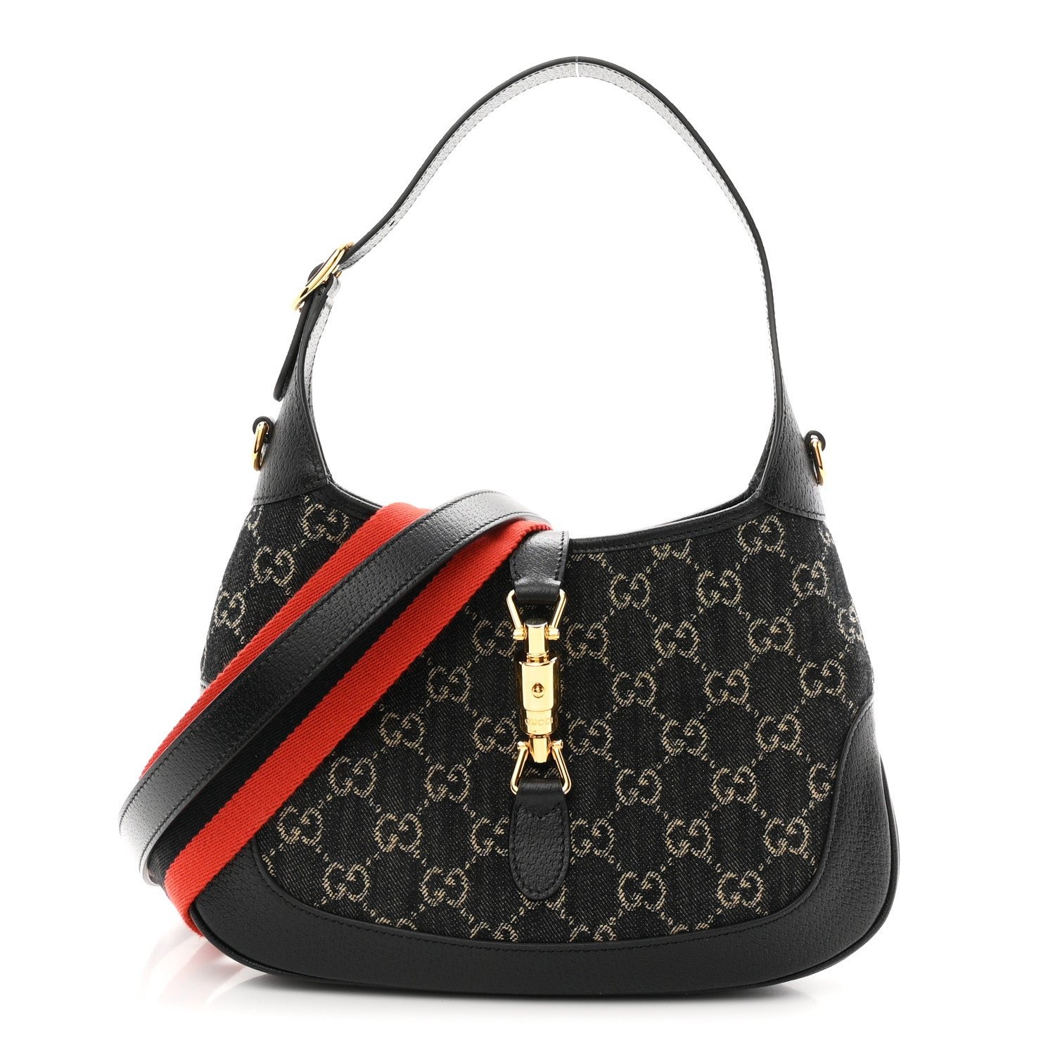 Gucci Jacquard Denim GG Monogram Small Jackie 1961 Hobo Black Ivory