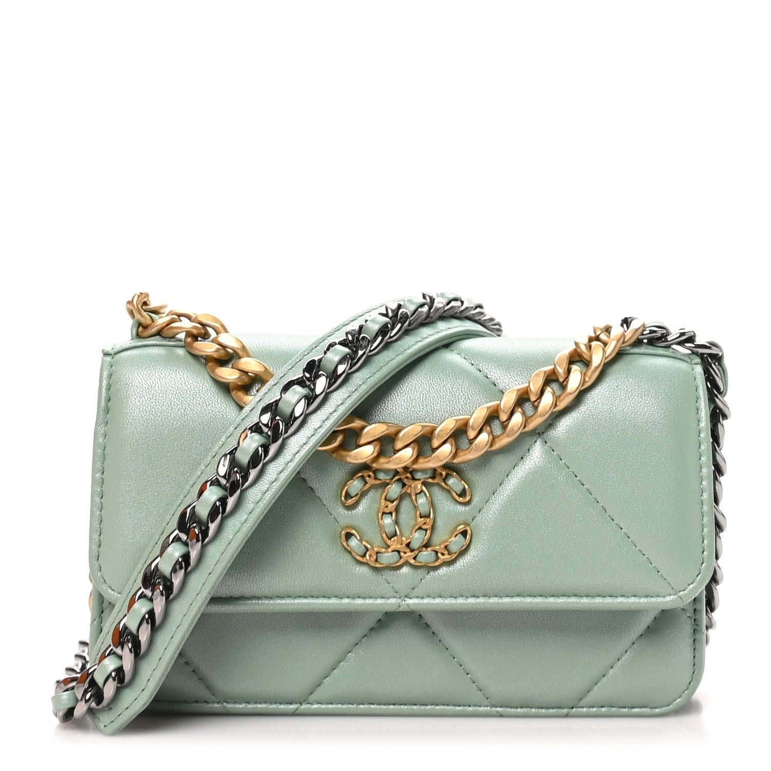 Chanel Lambskin Quilted Chanel 19 Flap Phone Holder With Chain Green